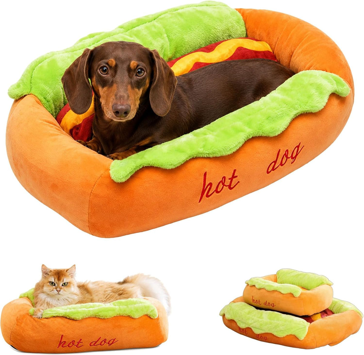 Warm plush hot dog-shaped pet bed sized for a small dog or cat