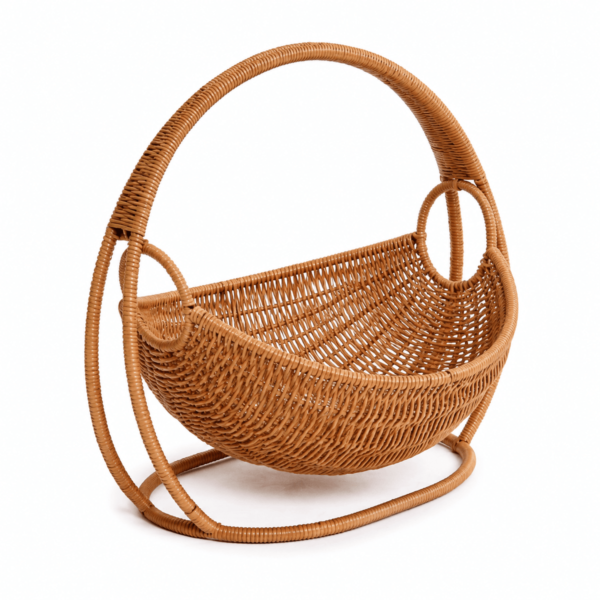 Wicker hanging cat bed with a freestanding base in a quiet room