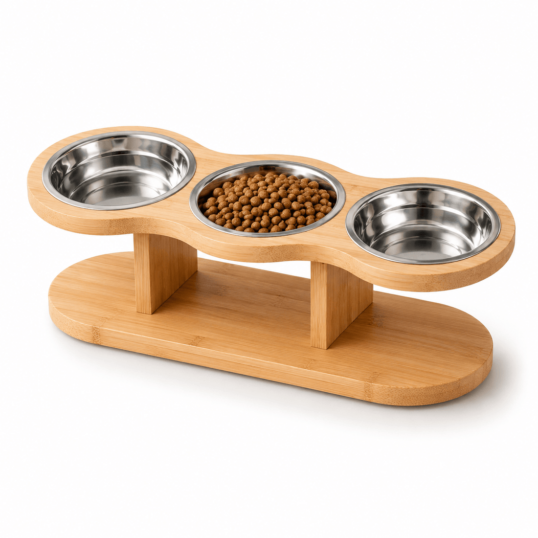Elevated bamboo feeding station for cats and small dogs
