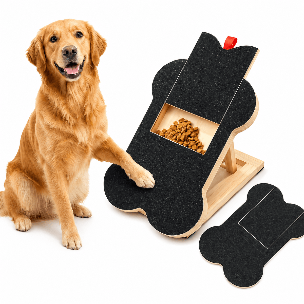 Dog learning to scratch a wooden nail filing board with a hidden treat compartment