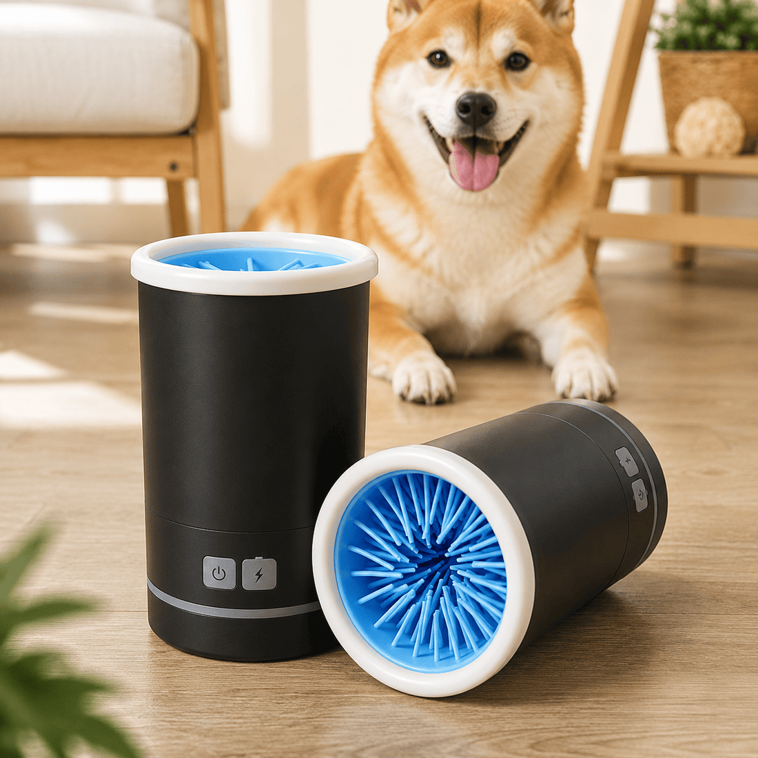 Automatic dog paw washer prepared for cleaning muddy paws after a walk