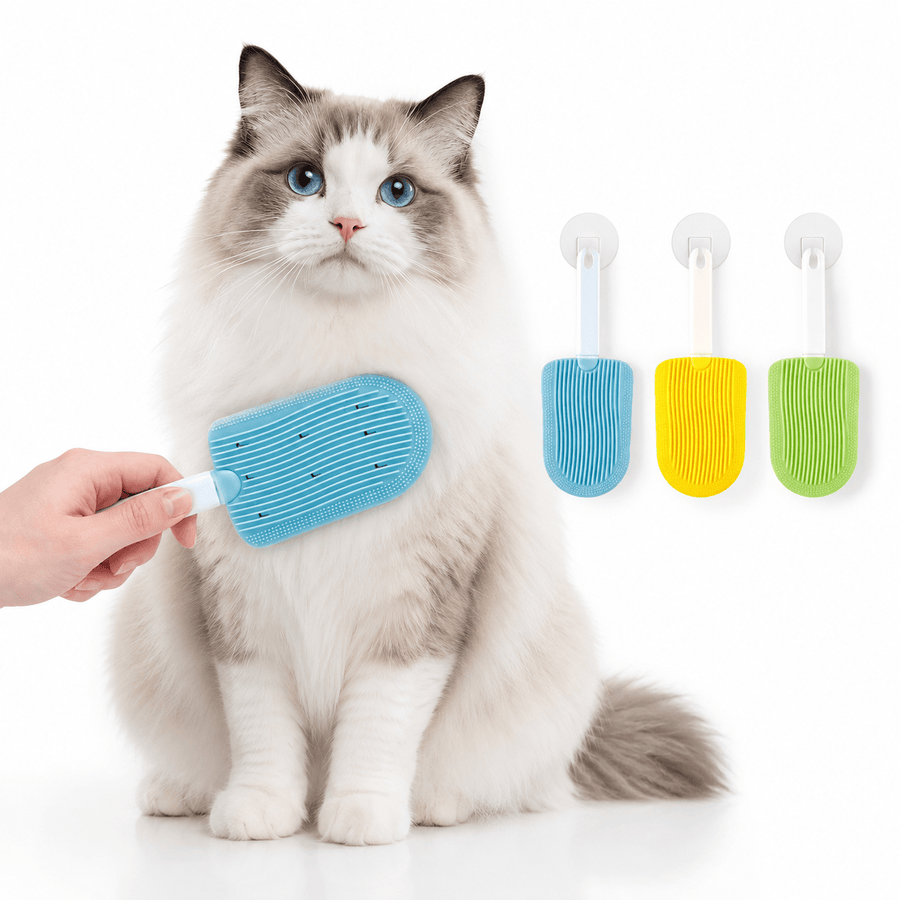 Gentle deshedding brush used as part of a regular pet grooming routine