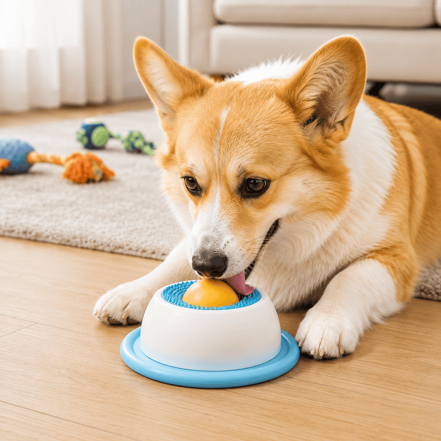 Non-slip slow feeder dog bowl prepared with a thin layer of soft treat