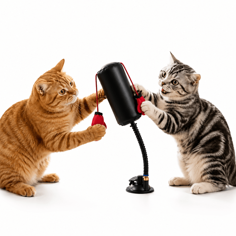 Cat batting a suction-cup boxing toy secured to a smooth stable surface