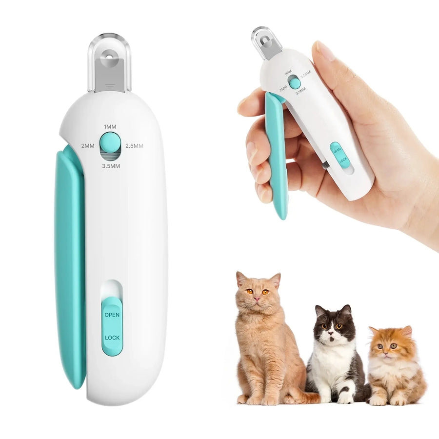Small cat nail clipper positioned to trim only the clear hooked claw tip