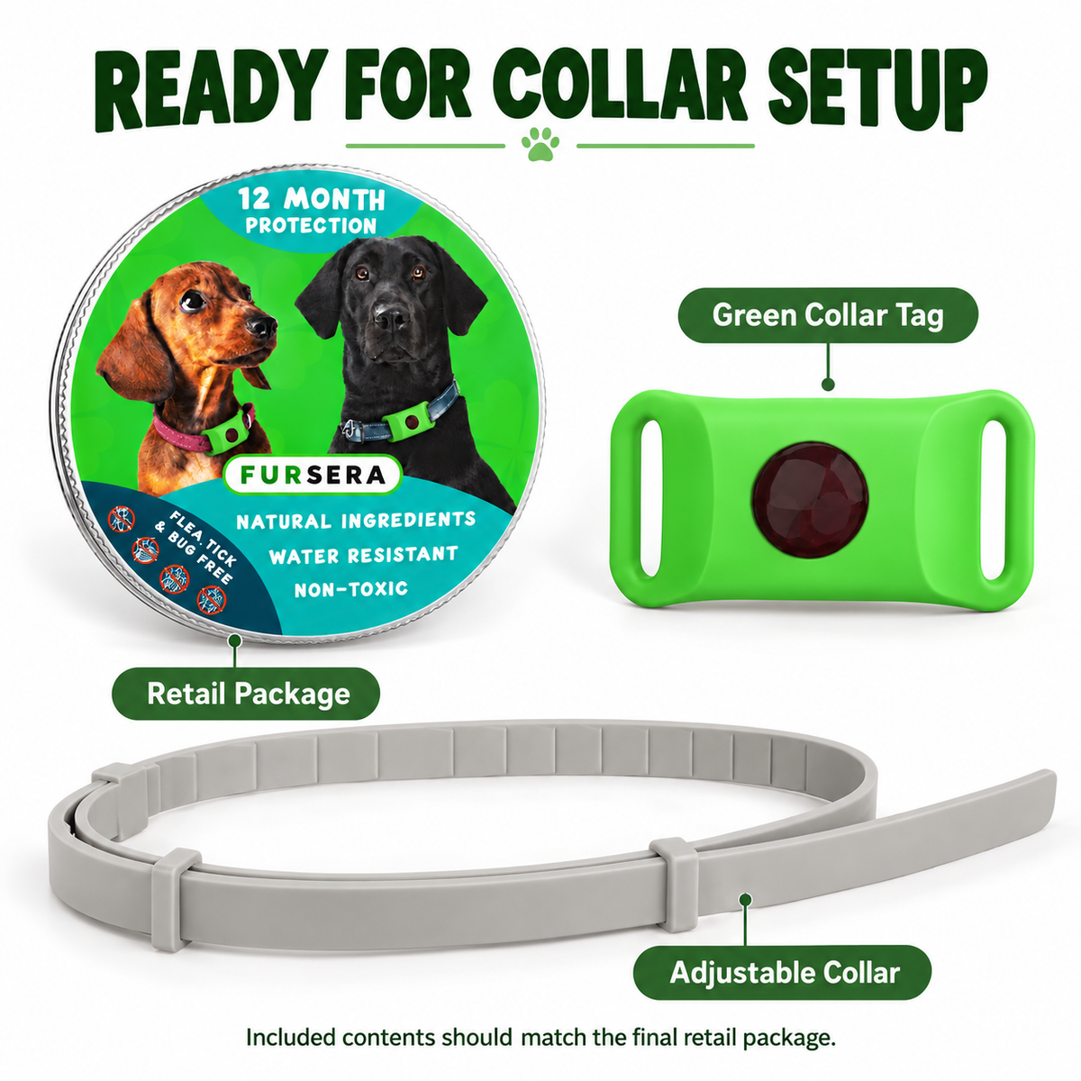 Green Collar-Mounted Pet Tag with Flexible Dual-Slot Holder & Adjustable Collar Fursera