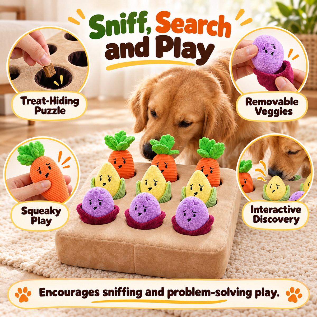 Vegetable Hide-and-Seek Dog Puzzle Toy – 9 Squeaky Plush Veggies Fursera
