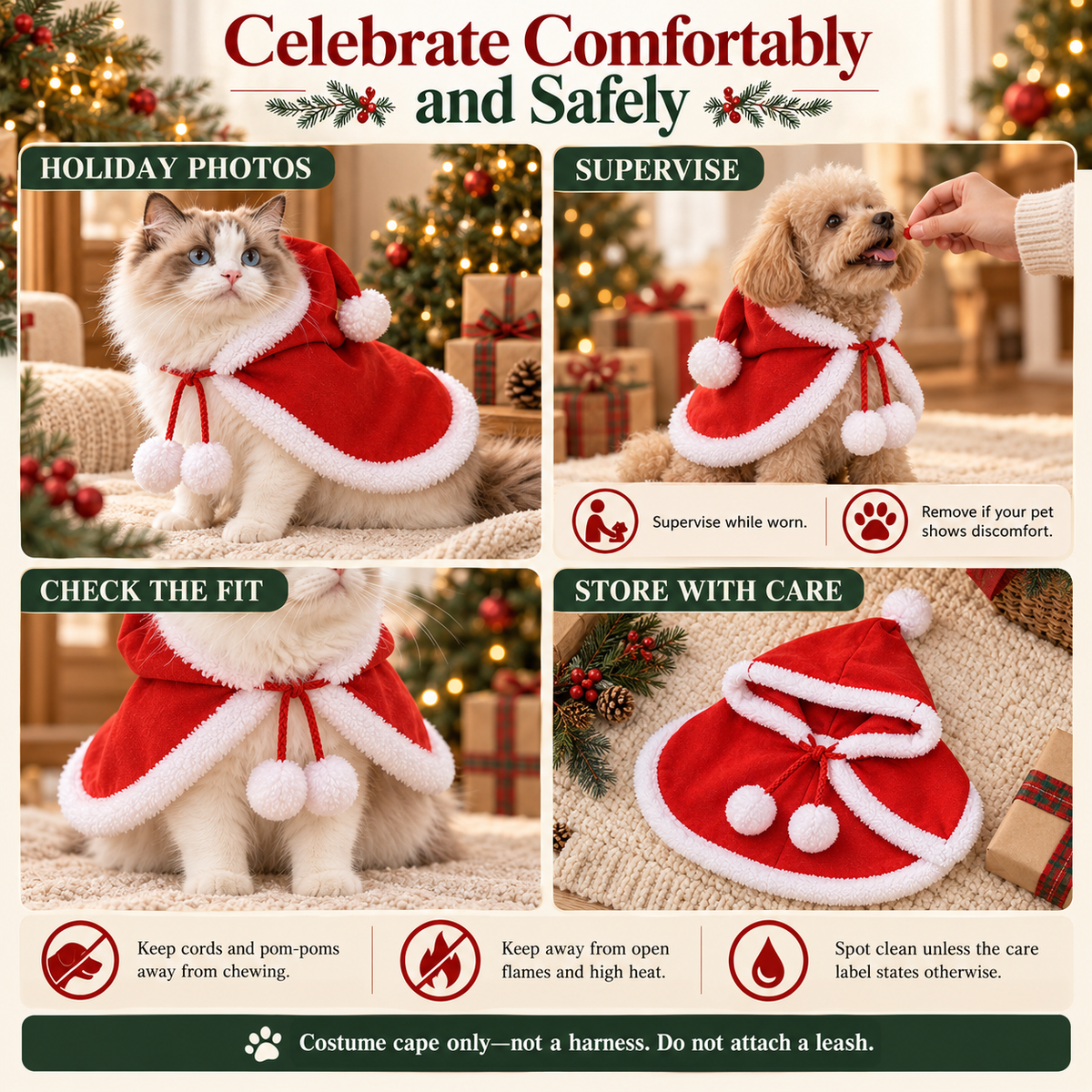 Christmas Hooded Pet Cape for Cats & Small Dogs – Pom-Pom Costume Fursera