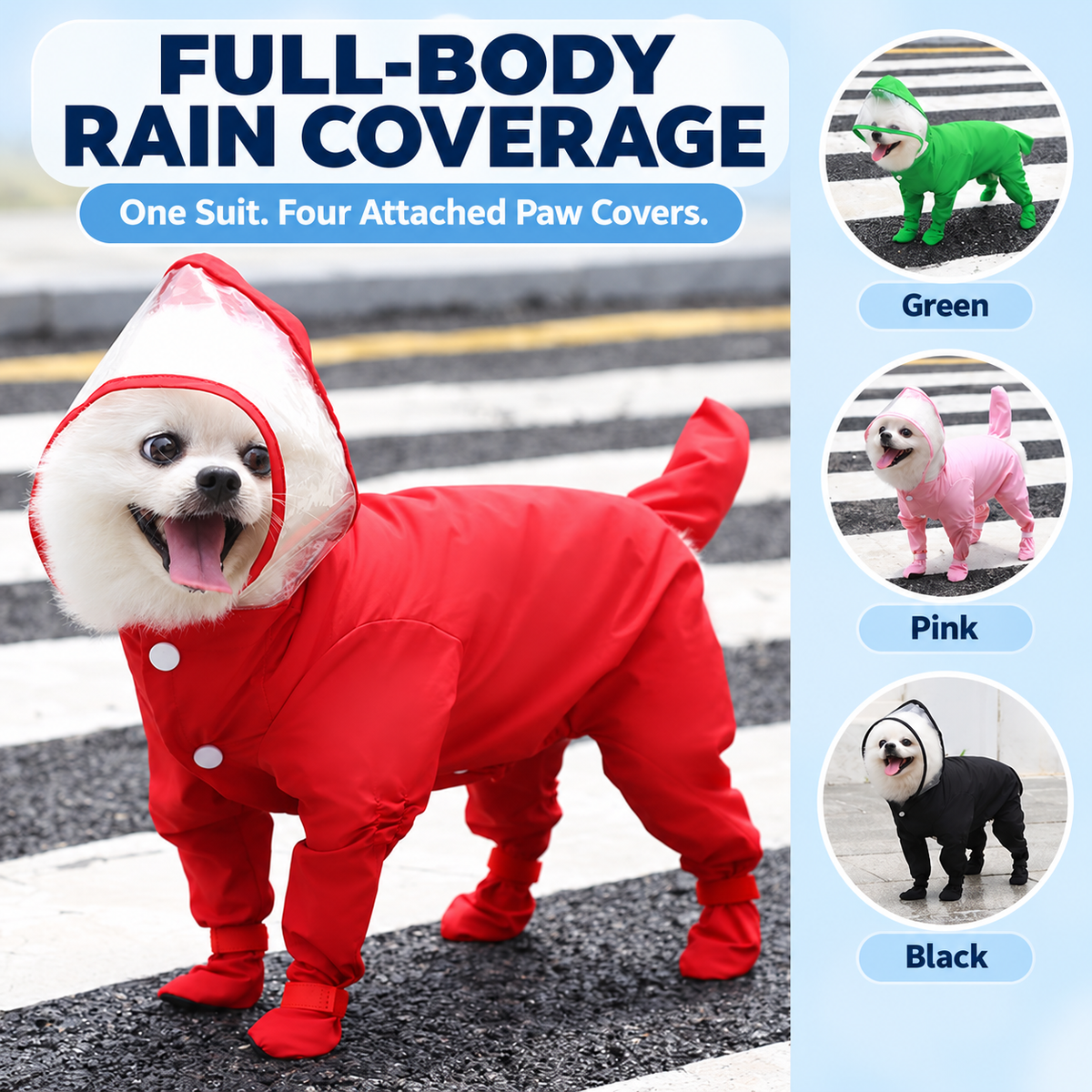 Full-Body Dog Rain Suit with Clear Hood & Attached Paw Covers Fursera