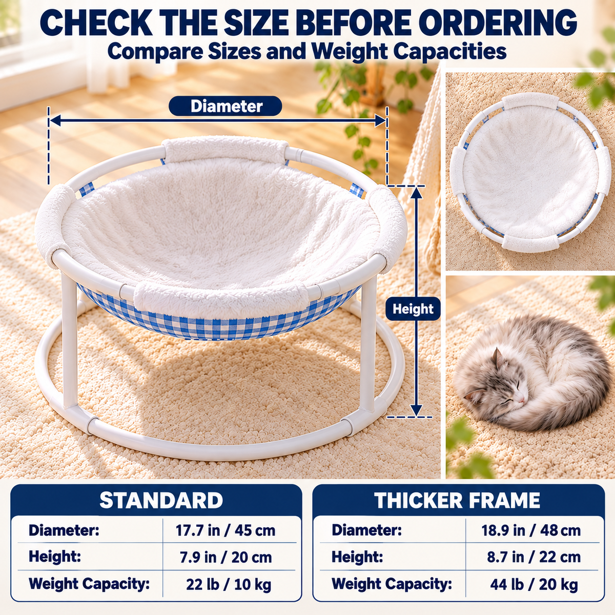 Elevated Cat Hammock Bed with Soft Plush Lining & Gingham Fabric Fursera