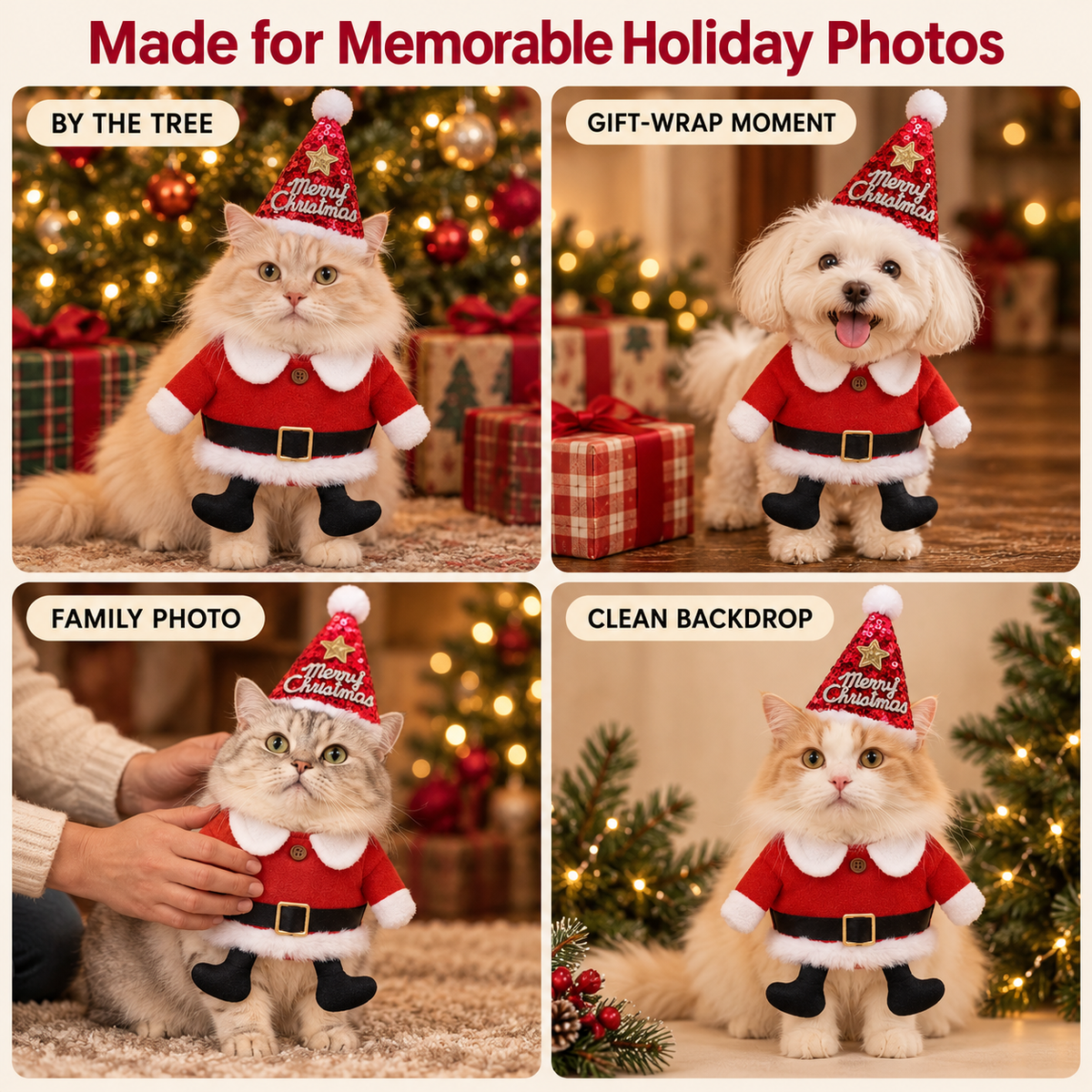 Christmas Pet Santa Costume & Sequin Hat for Cats and Small Dogs Fursera
