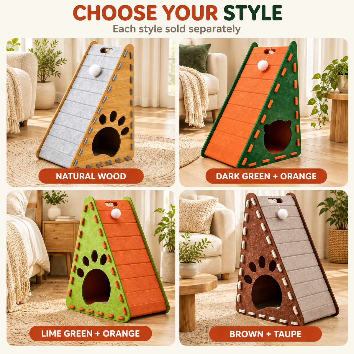 Triangular Felt Cat Activity House – 4-in-1 Scratcher, Climber, Hideaway & Play Toy Fursera