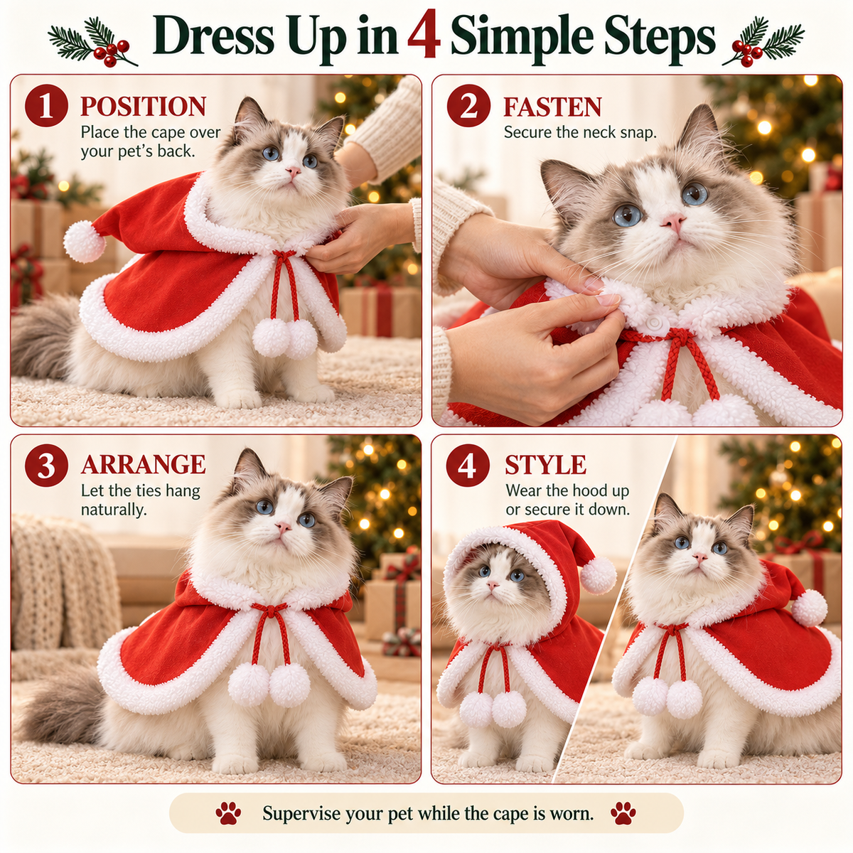 Christmas Hooded Pet Cape for Cats & Small Dogs – Pom-Pom Costume Fursera