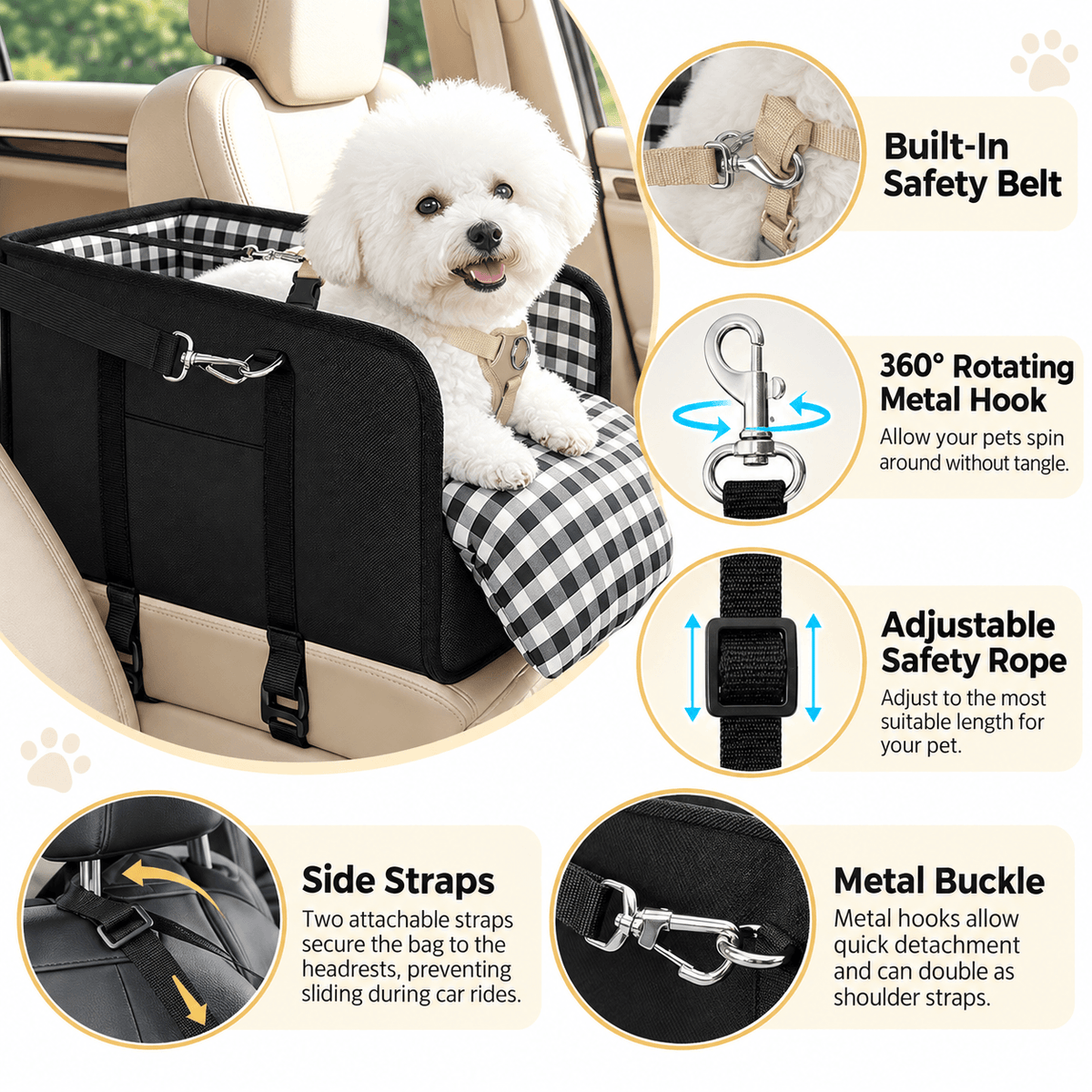 Foldable Center Console Dog Car Seat with Safety Leash & Anti-Slip Base Fursera
