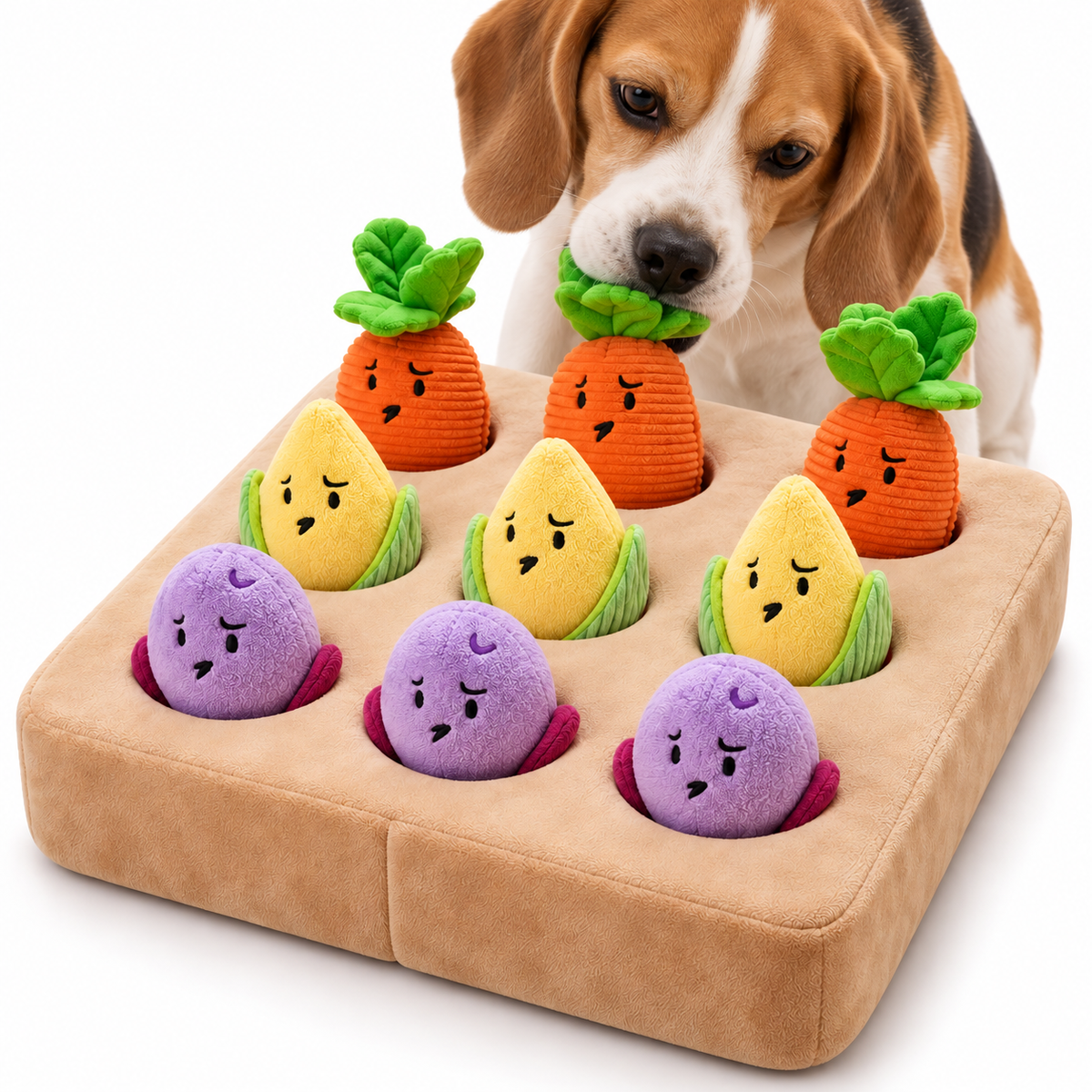 Vegetable Hide-and-Seek Dog Puzzle Toy – 9 Squeaky Plush Veggies Fursera