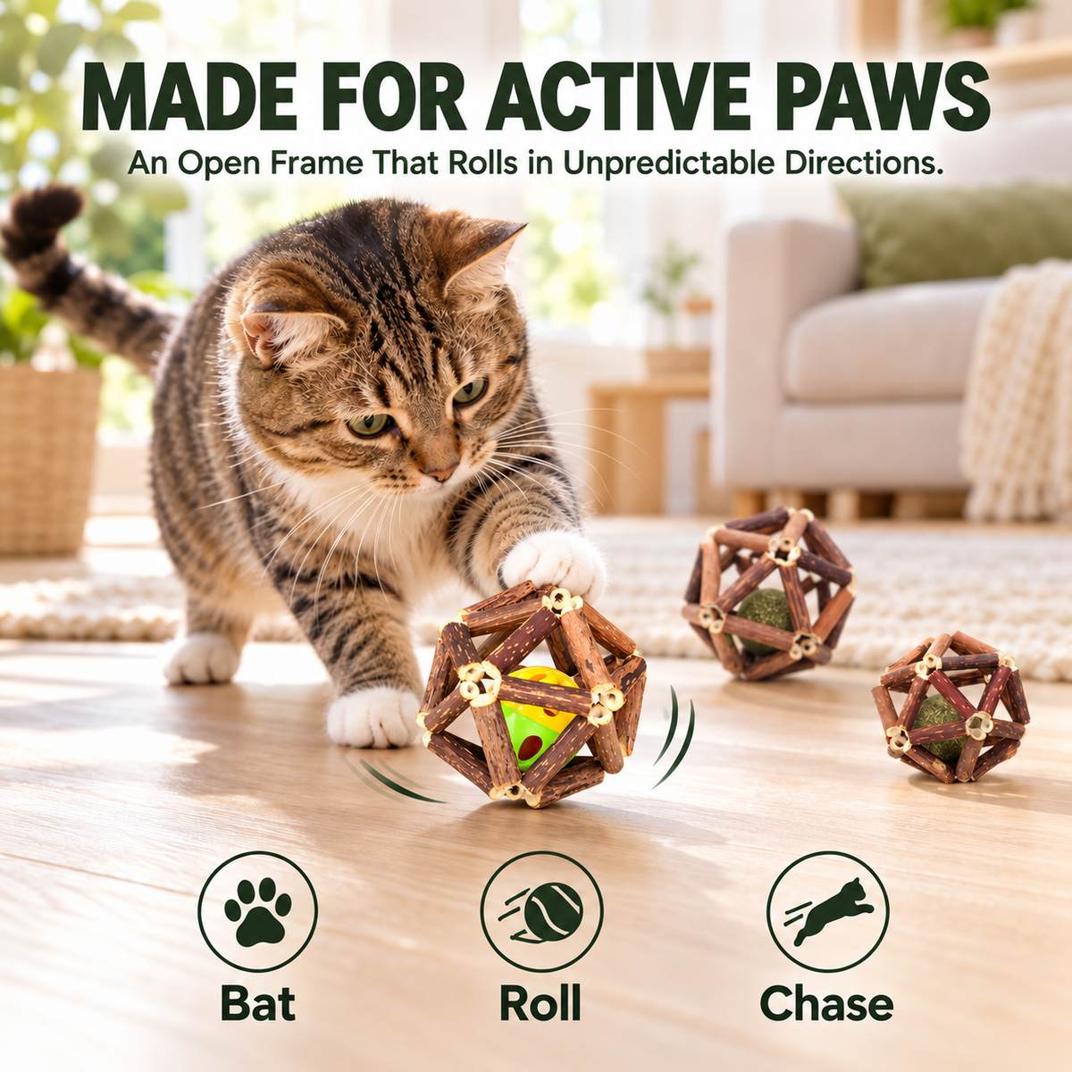 3-Piece Silvervine Cat Toy Ball Set with Catnip Cores & Bell Ball Fursera
