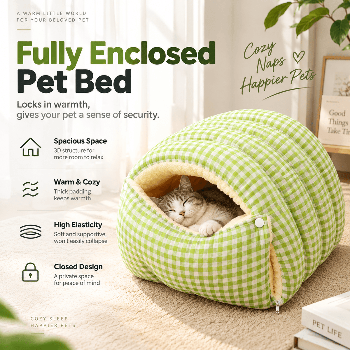 Cozy Cat Cave Bed – Enclosed Plush Gingham Sleeping Nest for Cats & Small Dogs Fursera