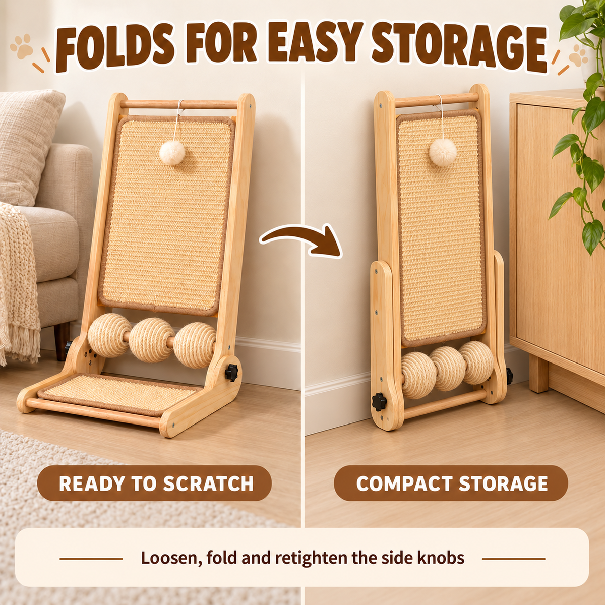 Adjustable Folding Cat Scratcher with Sisal Pads & Interactive Toys Fursera