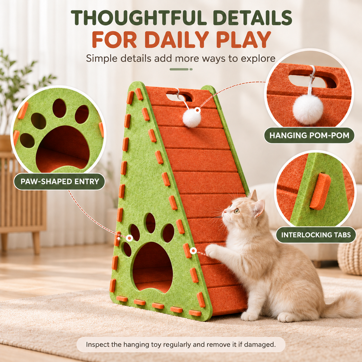 Triangular Felt Cat Activity House – 4-in-1 Scratcher, Climber, Hideaway & Play Toy Fursera