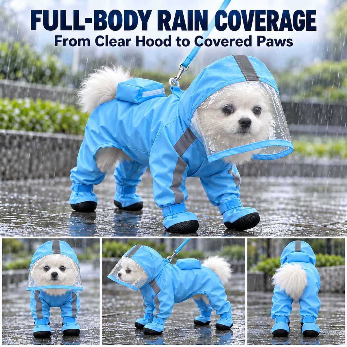Full-Body Dog Rain Suit with Clear Hood & Attached Paw Covers Fursera