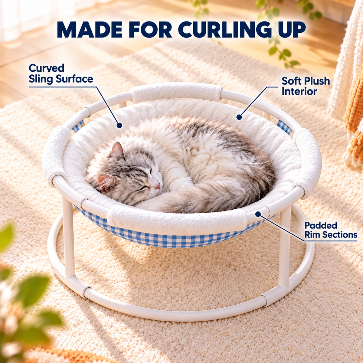 Elevated Cat Hammock Bed with Soft Plush Lining & Gingham Fabric Fursera