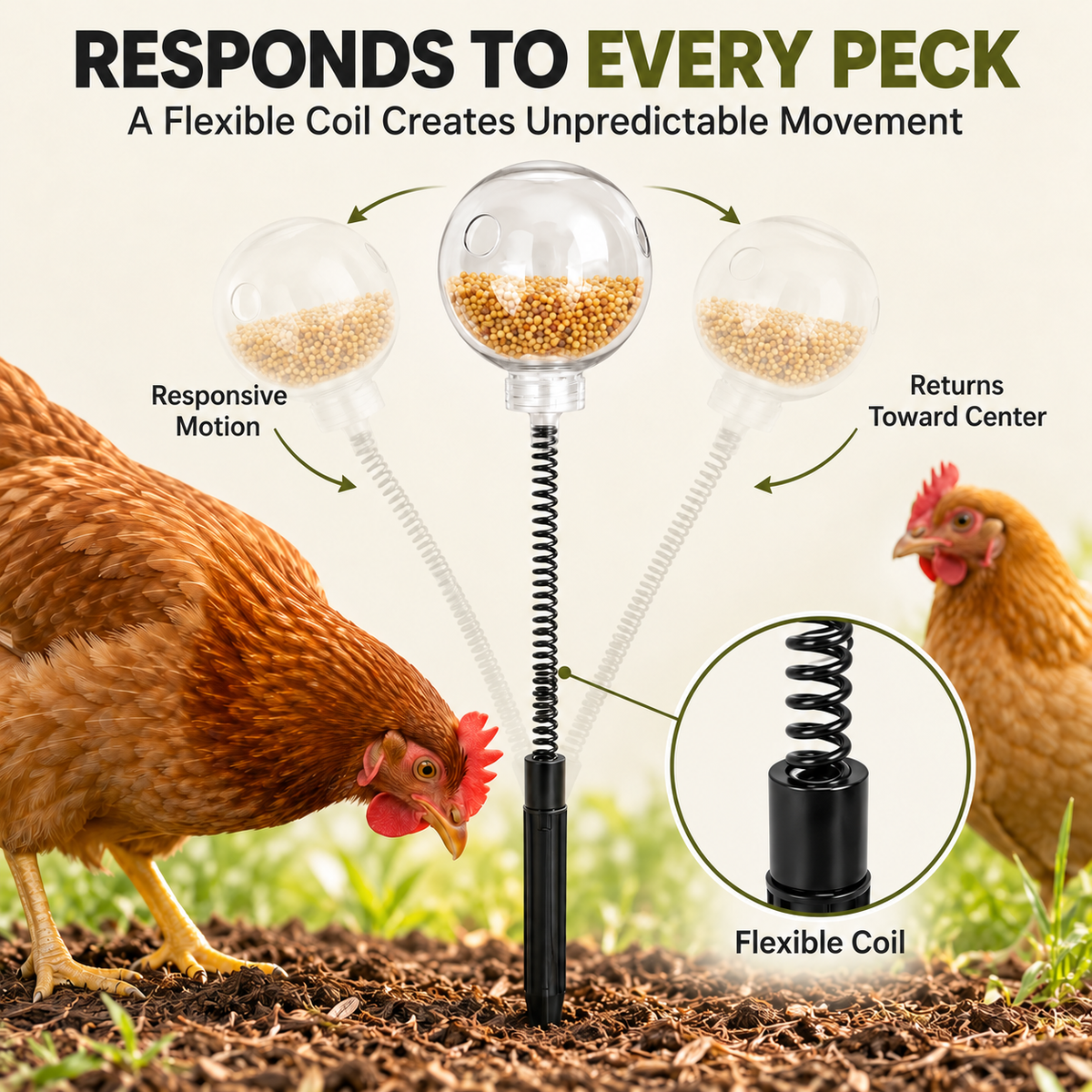 Spring-Mounted Chicken Pecking Toy & Treat Dispenser – Clear Refillable Feeder Fursera