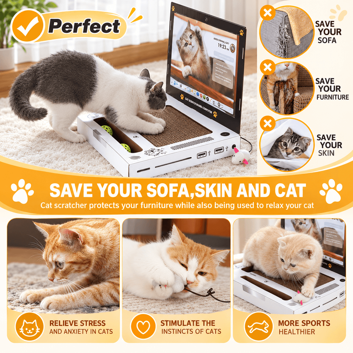 Laptop Cat Scratcher with Mouse Toy & 2 Bell Balls Fursera