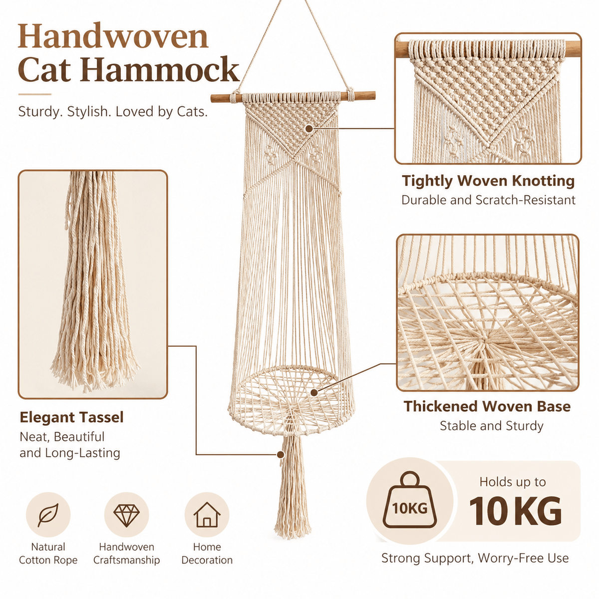 Boho Macrame Cat Hammock – Handwoven Hanging Cat Bed with Free Cushion Fursera
