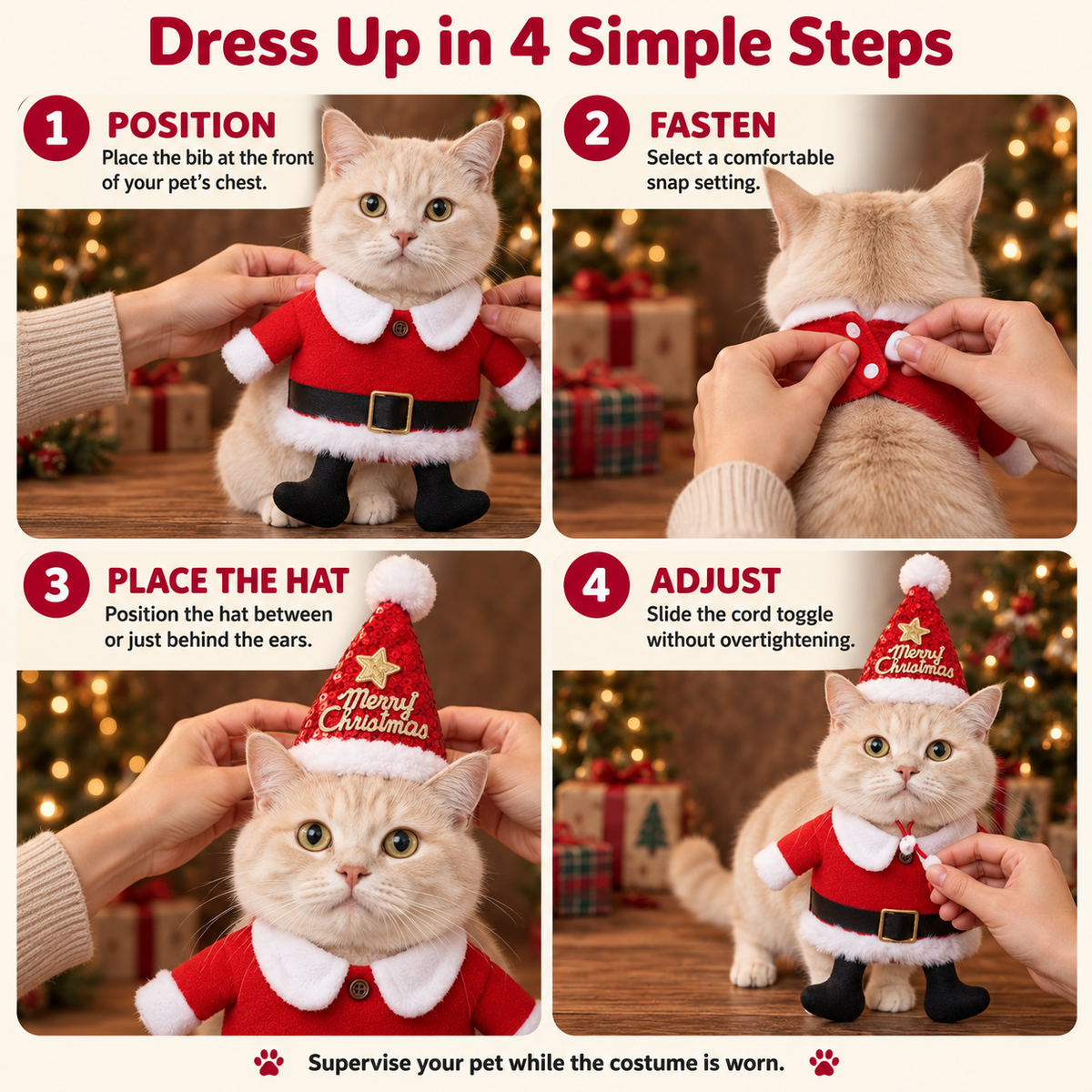 Christmas Pet Santa Costume & Sequin Hat for Cats and Small Dogs Fursera
