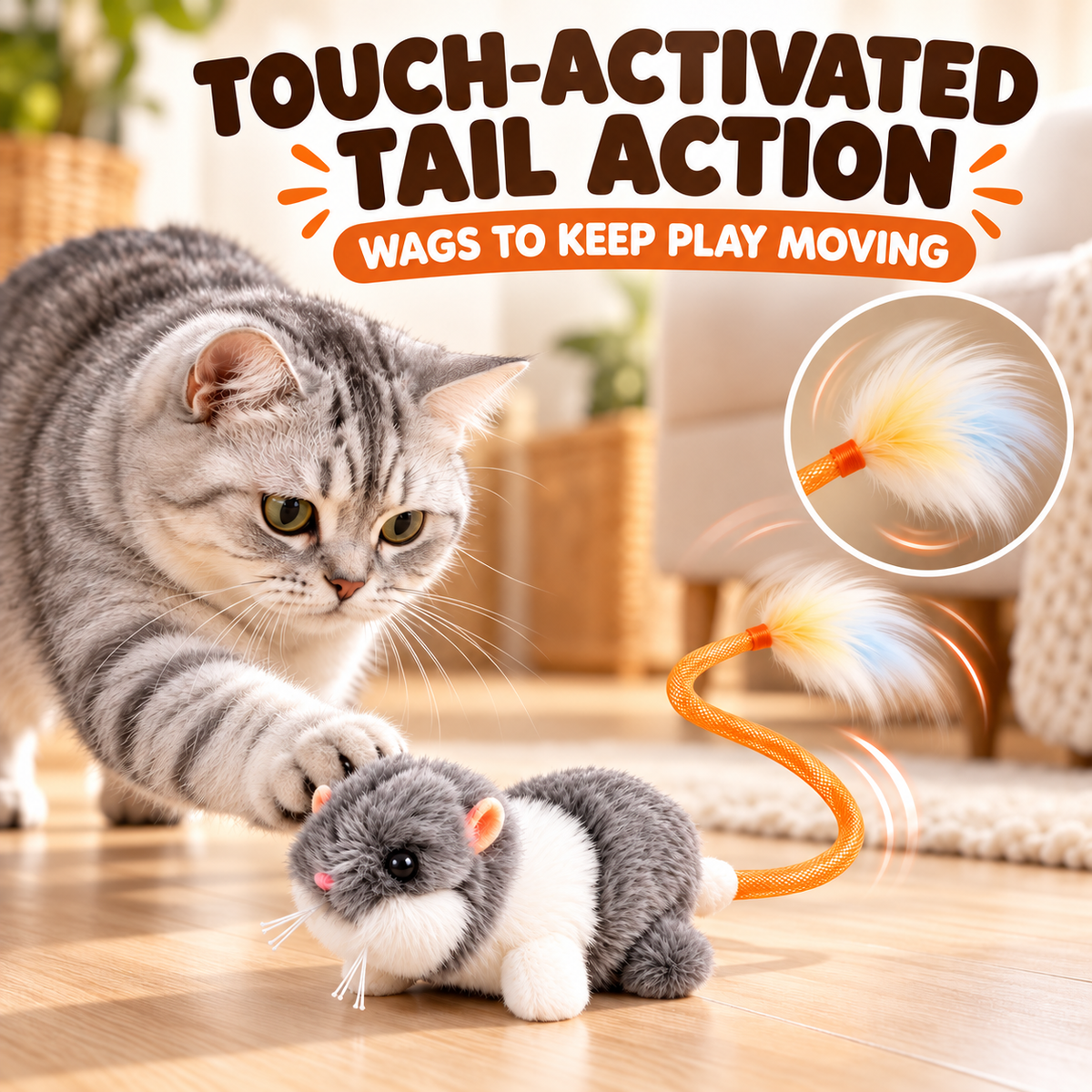 Touch-Activated Mouse Cat Toy with Wagging Feather Tail | Rechargeable Fursera