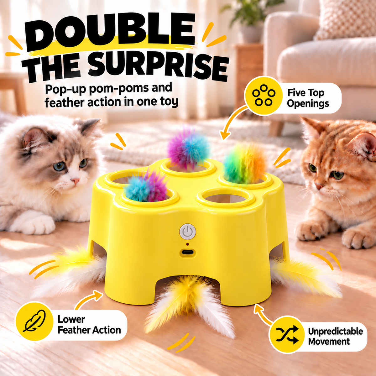 Rechargeable Pop-Up Cat Toy – 3-Mode Pom-Pom & Feather Teaser Fursera