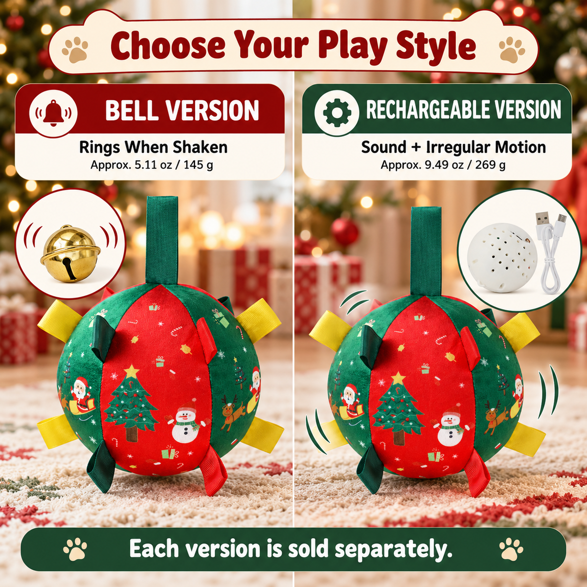 Christmas Plush Dog Ball Toy  – Bell or Rechargeable Version Fursera