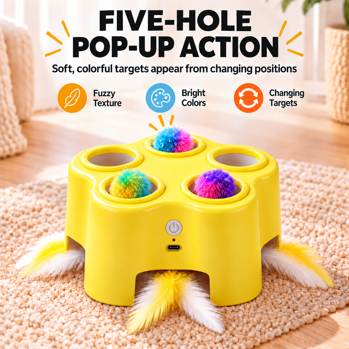 Rechargeable Pop-Up Cat Toy – 3-Mode Pom-Pom & Feather Teaser Fursera