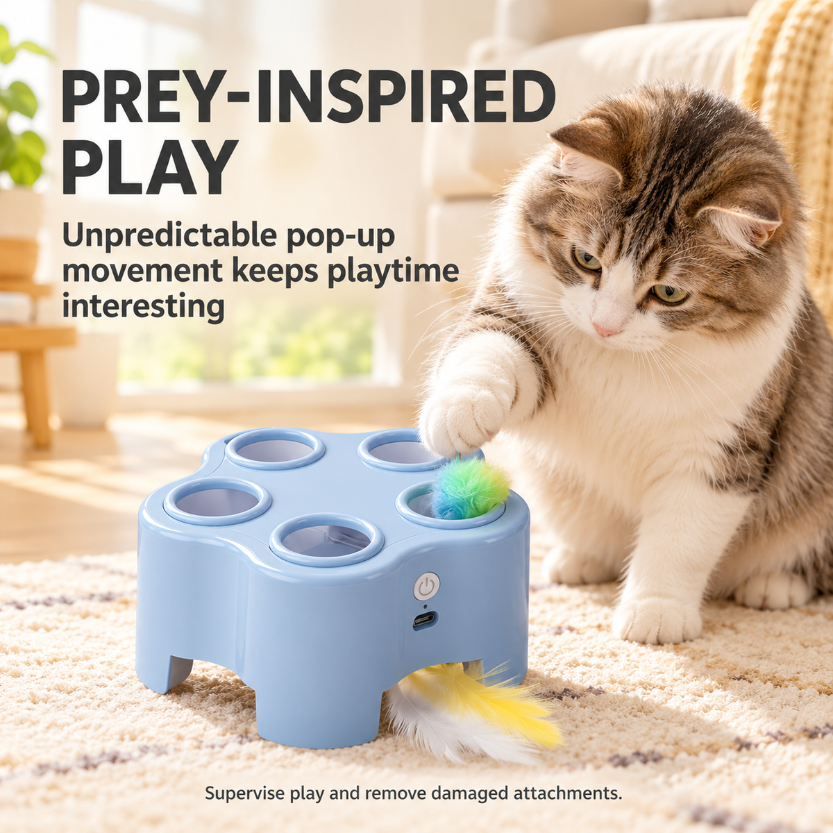 Rechargeable Pop-Up Cat Toy – 3-Mode Pom-Pom & Feather Teaser Fursera