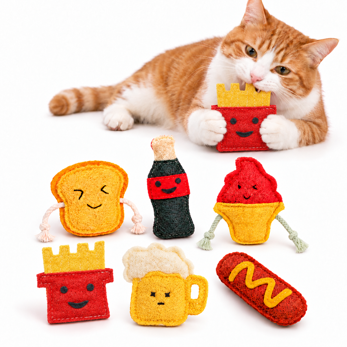 Natural Loofah Cat Toys – 6-Piece Food-Shaped Play Set Fursera