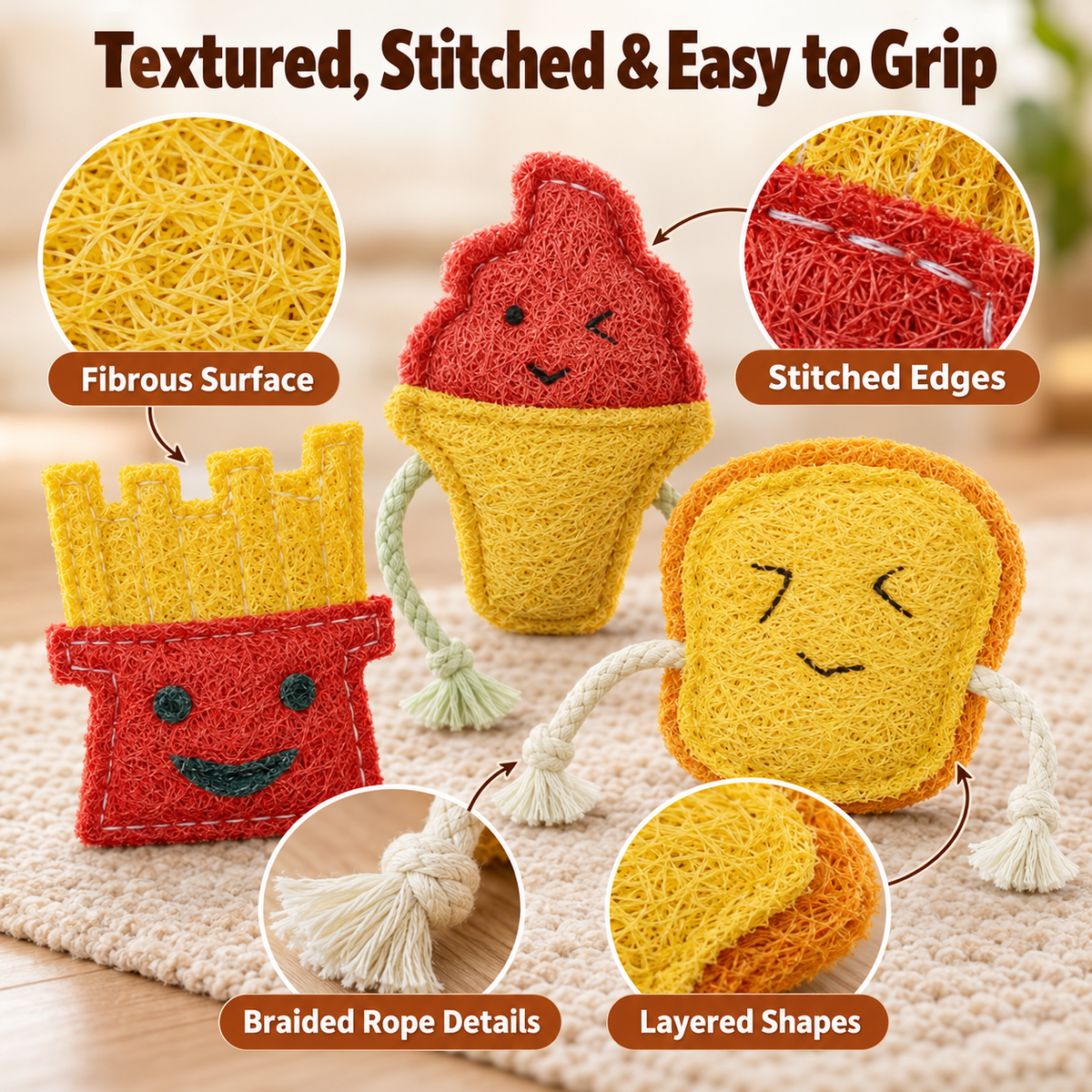 Natural Loofah Cat Toys – 6-Piece Food-Shaped Play Set Fursera