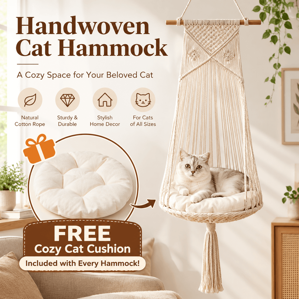 Boho Macrame Cat Hammock – Handwoven Hanging Cat Bed with Free Cushion Fursera