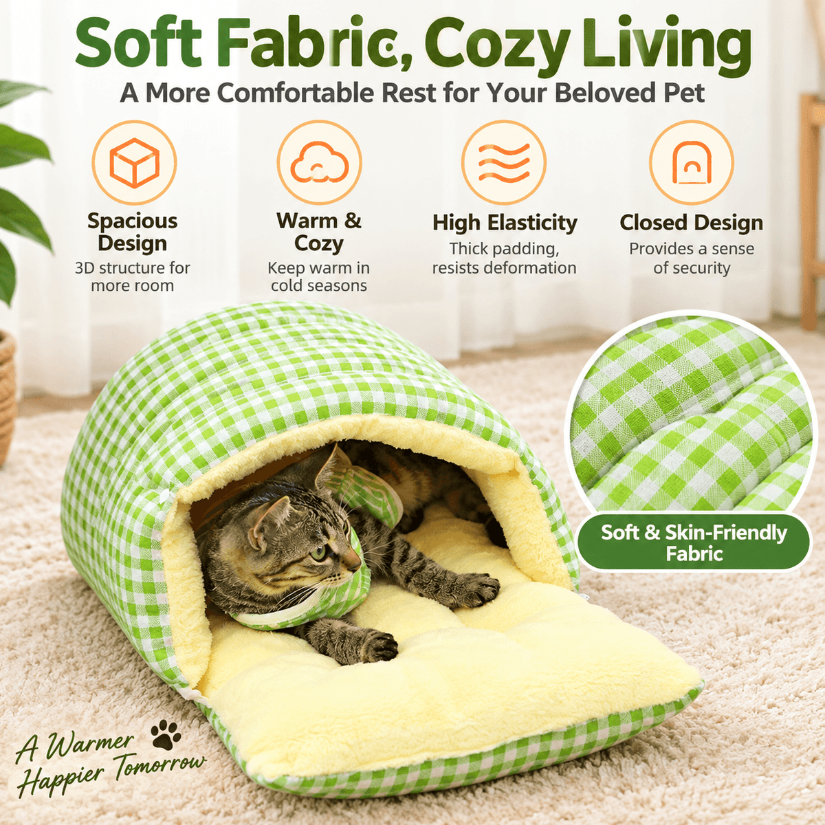 Cozy Cat Cave Bed – Enclosed Plush Gingham Sleeping Nest for Cats & Small Dogs Fursera