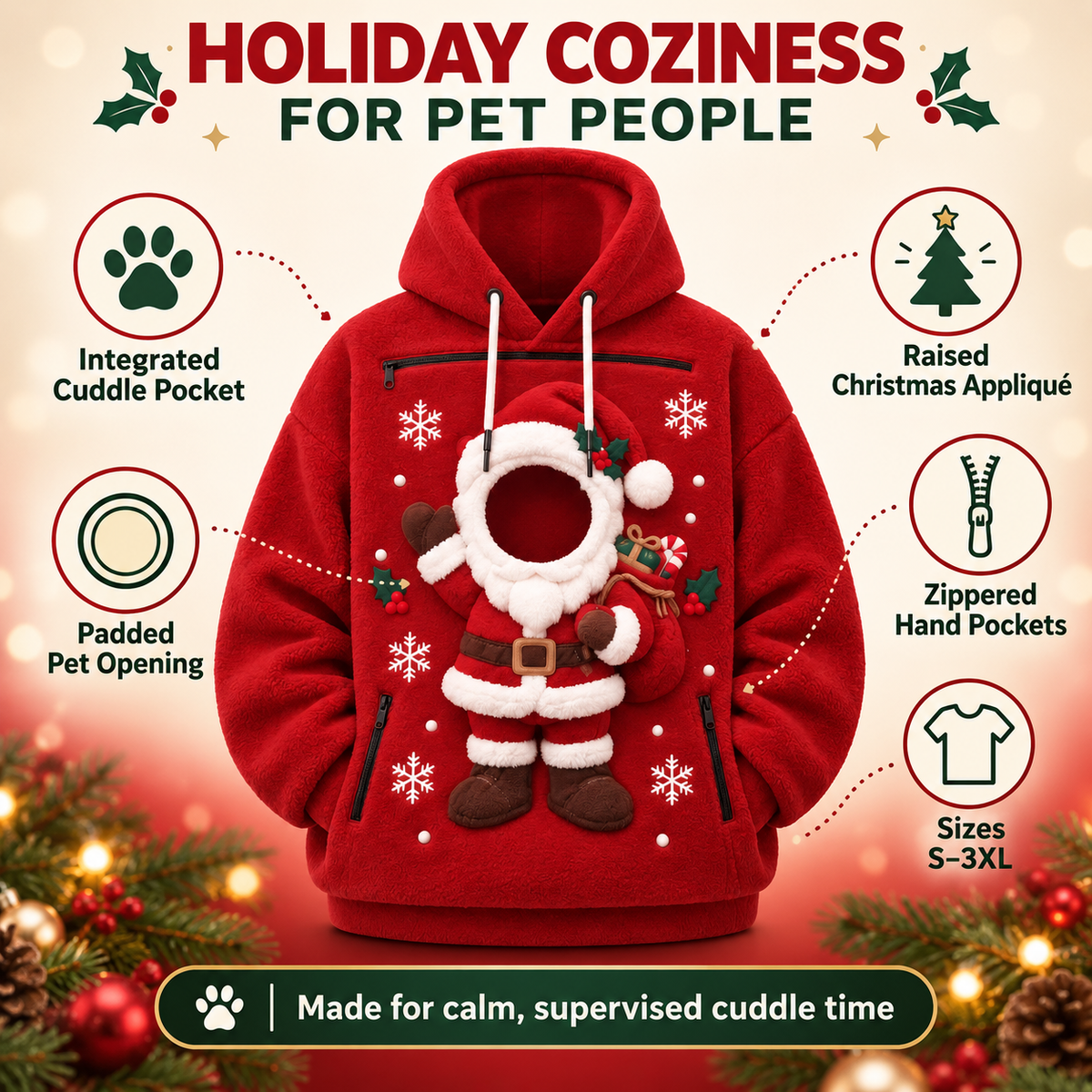 Christmas Pet Pocket Hoodie with 3D Holiday Designs Fursera