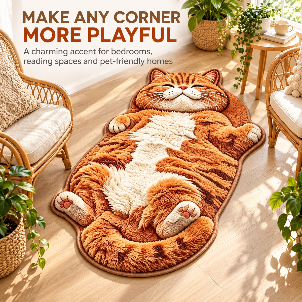 Orange Tabby Cat-Shaped Rug – Plush Accent Rug for Bedrooms & Living Rooms Fursera