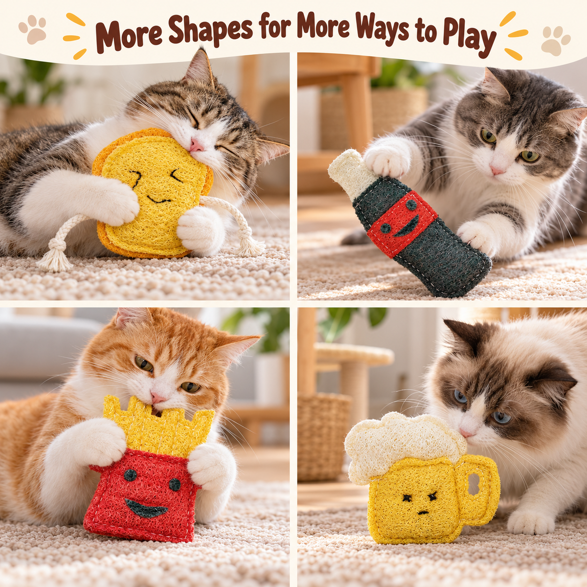 Natural Loofah Cat Toys – 6-Piece Food-Shaped Play Set Fursera