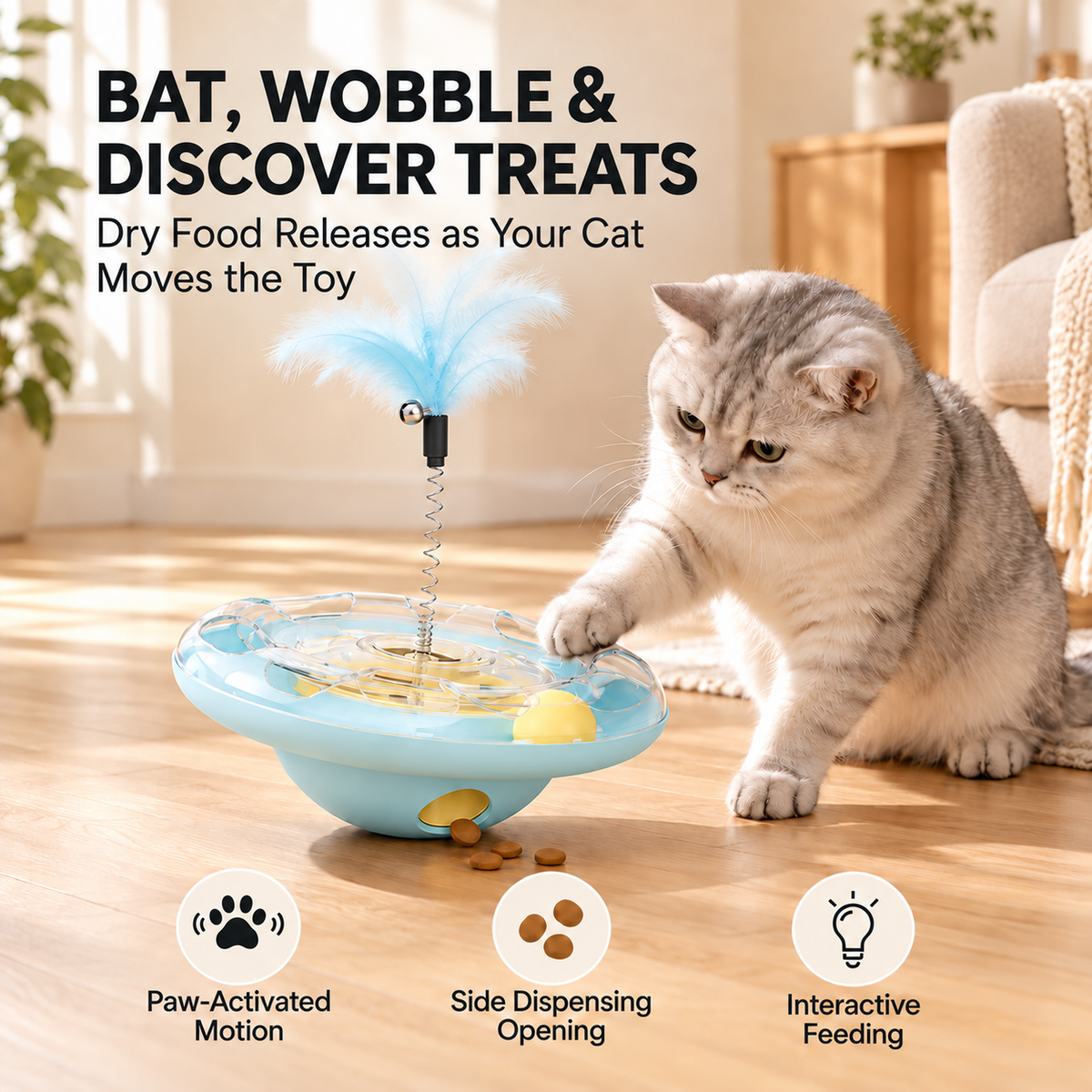 3-in-1 Interactive Cat Toy – Wobble Treat Dispenser with Track Ball & Feather Teaser Fursera