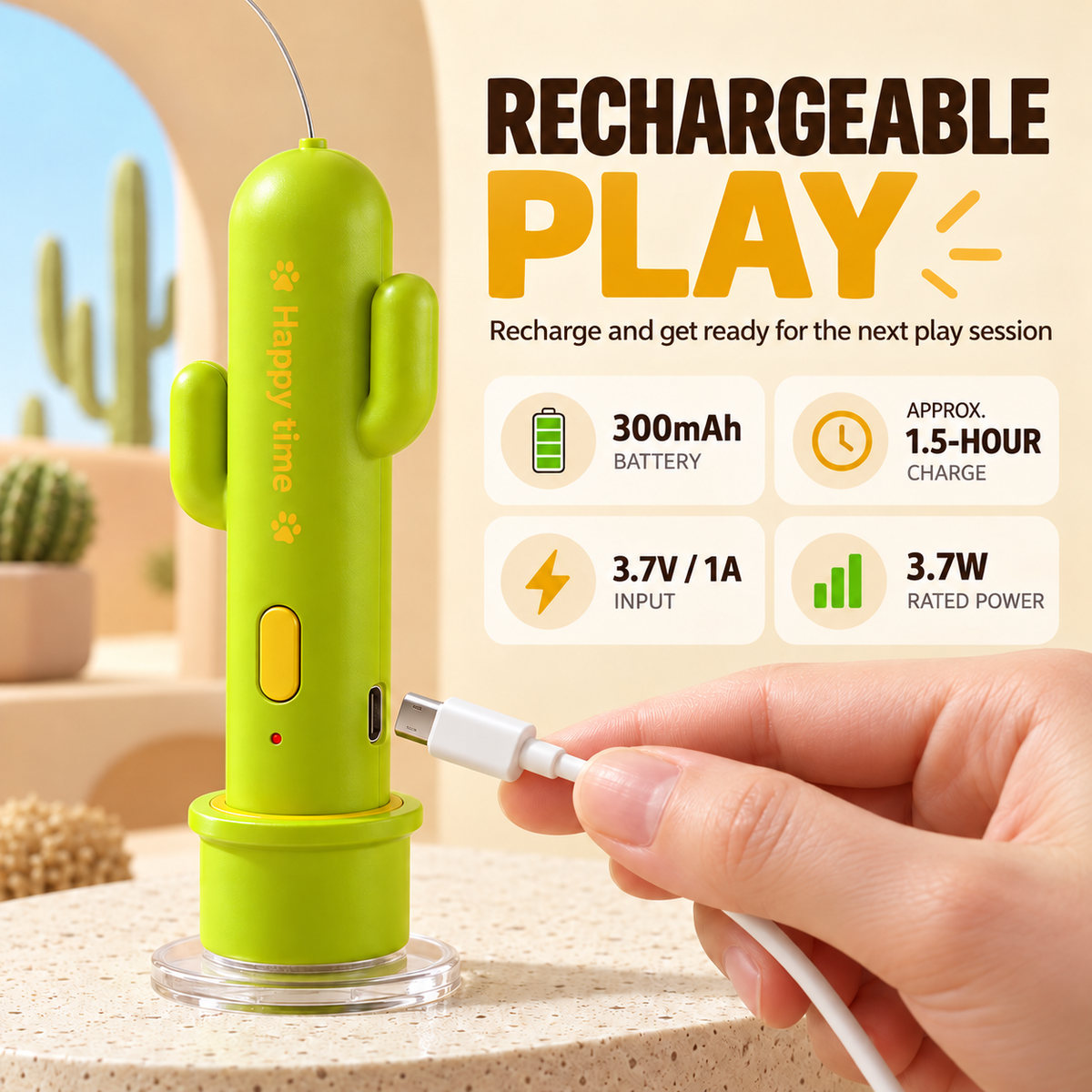 3-in-1 Rechargeable Cactus Cat Teaser Toy with Suction Base Fursera