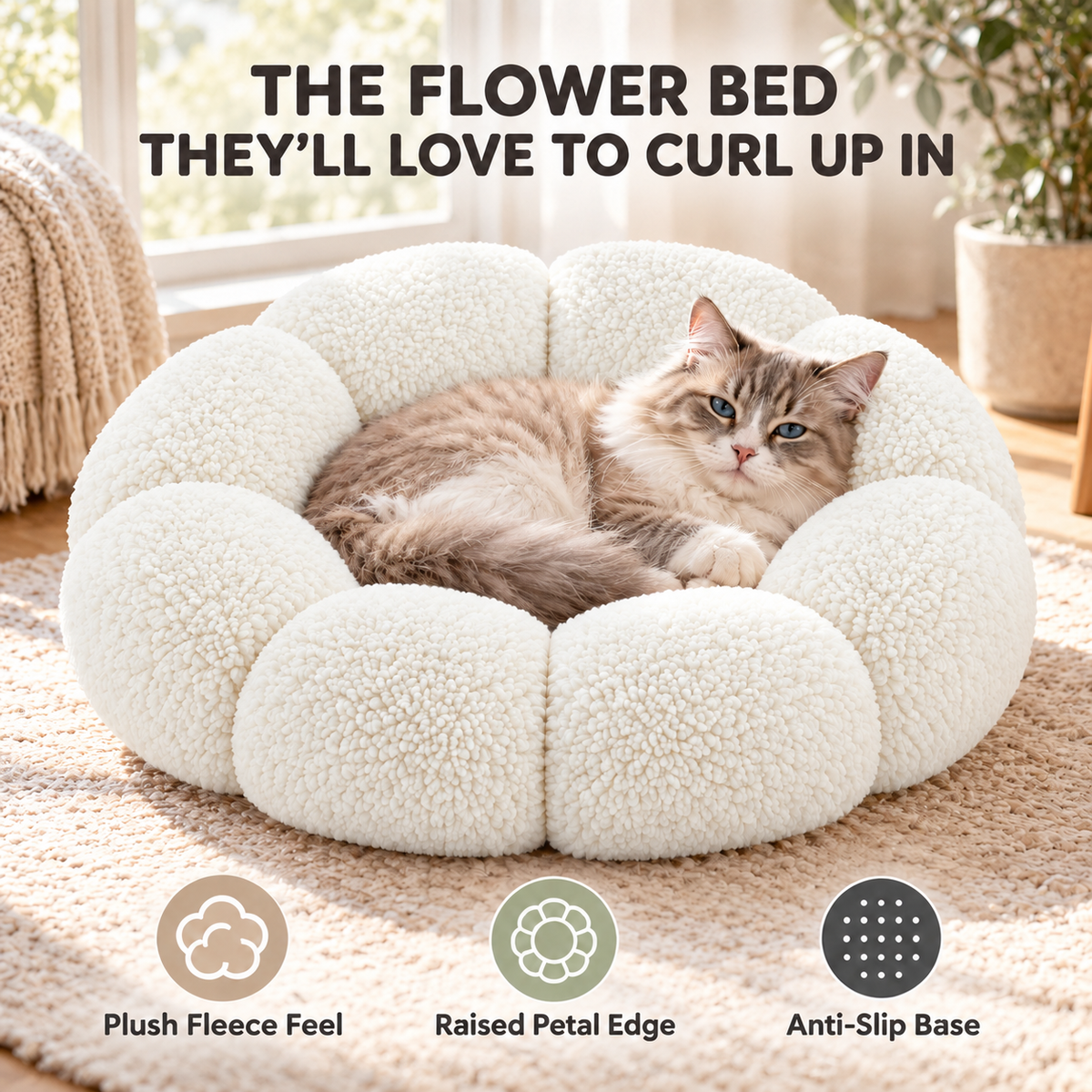 Flower-Shaped Pet Bed for Cats & Small Dogs – Soft Fleece Donut Bed Fursera