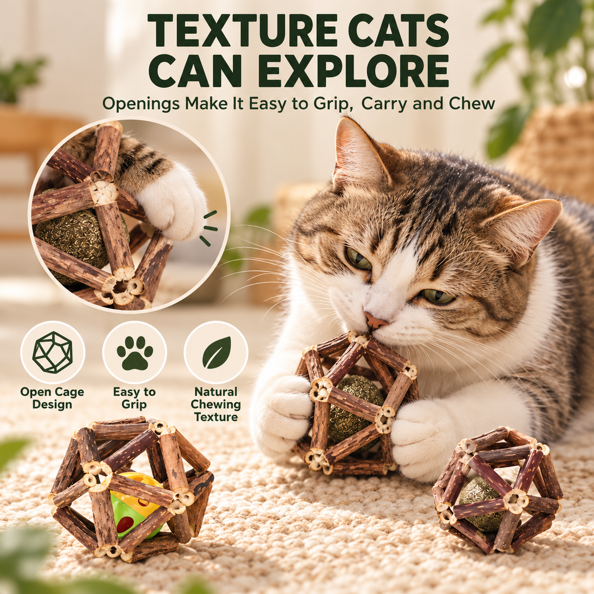 3-Piece Silvervine Cat Toy Ball Set with Catnip Cores & Bell Ball Fursera