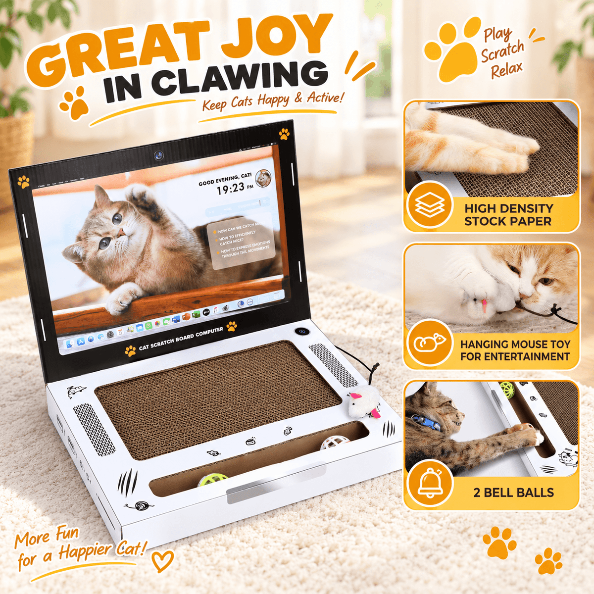 Laptop Cat Scratcher with Mouse Toy & 2 Bell Balls Fursera