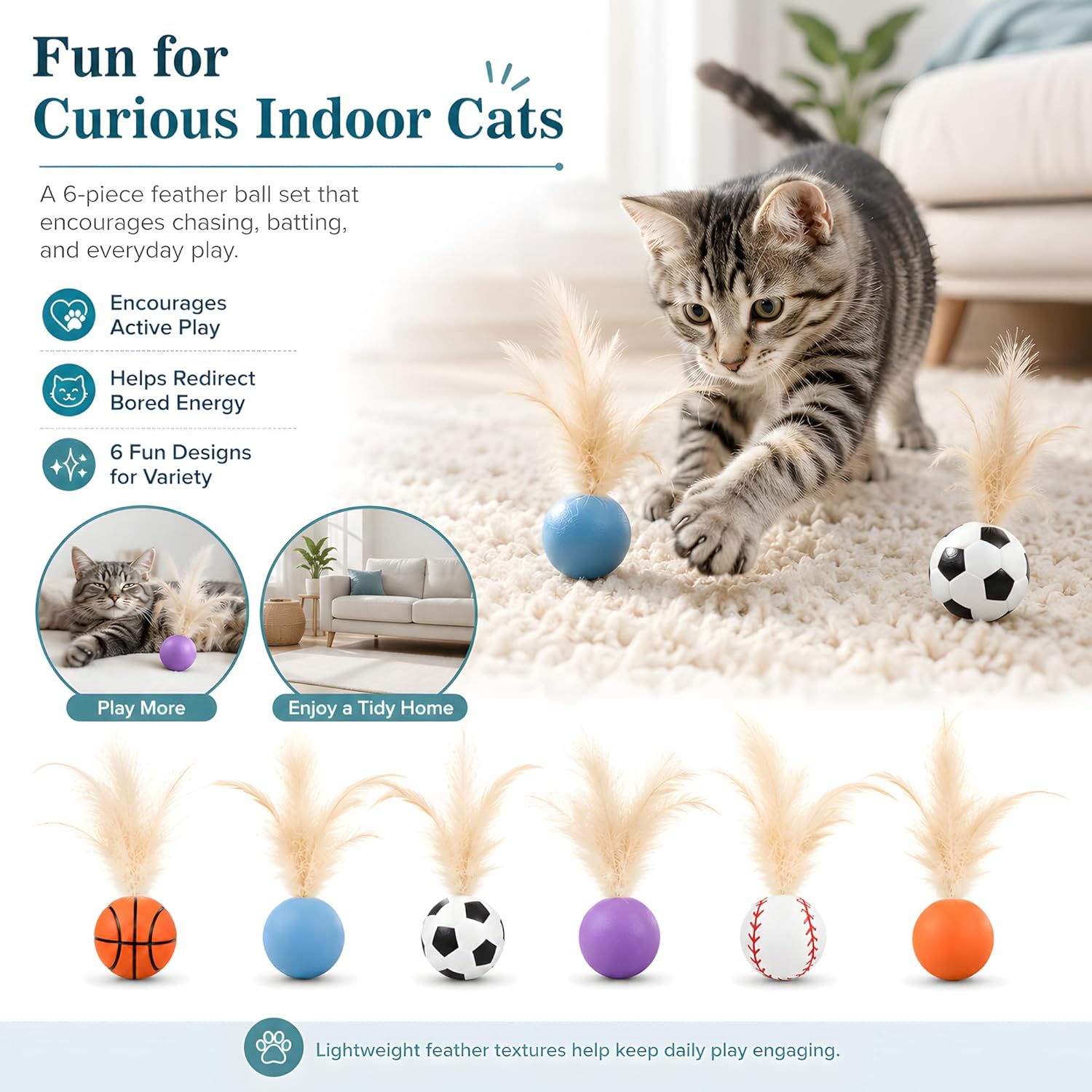 6 Pack Bouncy Cat Feather Ball Toys – Interactive Silicone Cat Balls for Indoor Cats Fursera