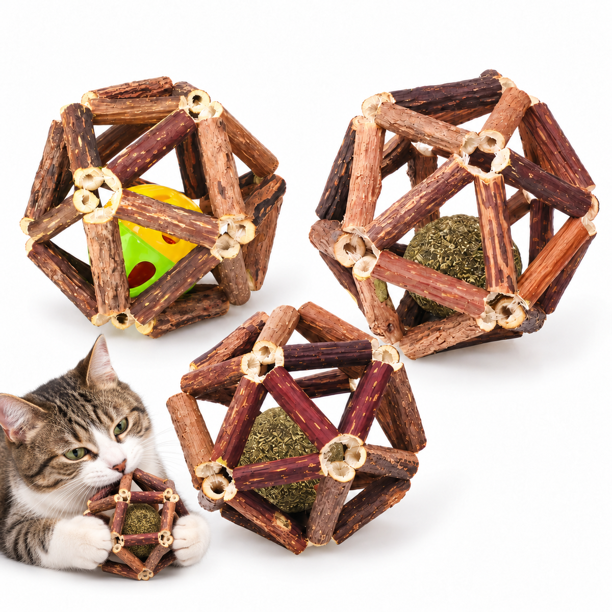 3-Piece Silvervine Cat Toy Ball Set with Catnip Cores & Bell Ball Fursera