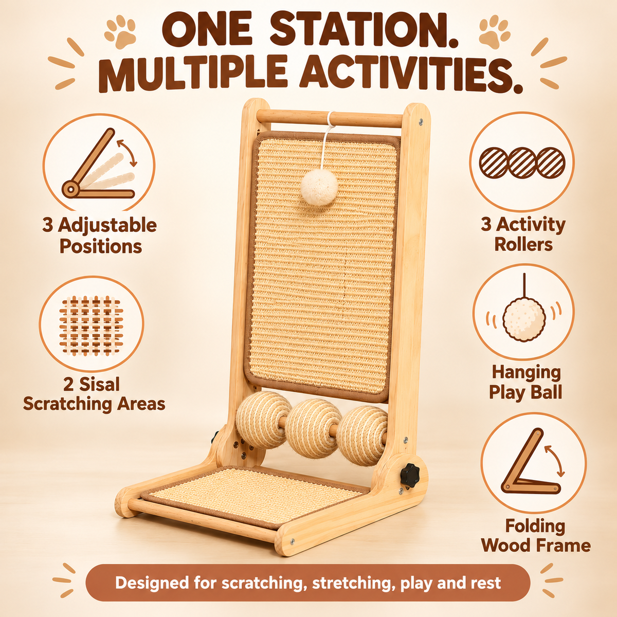 Adjustable Folding Cat Scratcher with Sisal Pads & Interactive Toys Fursera