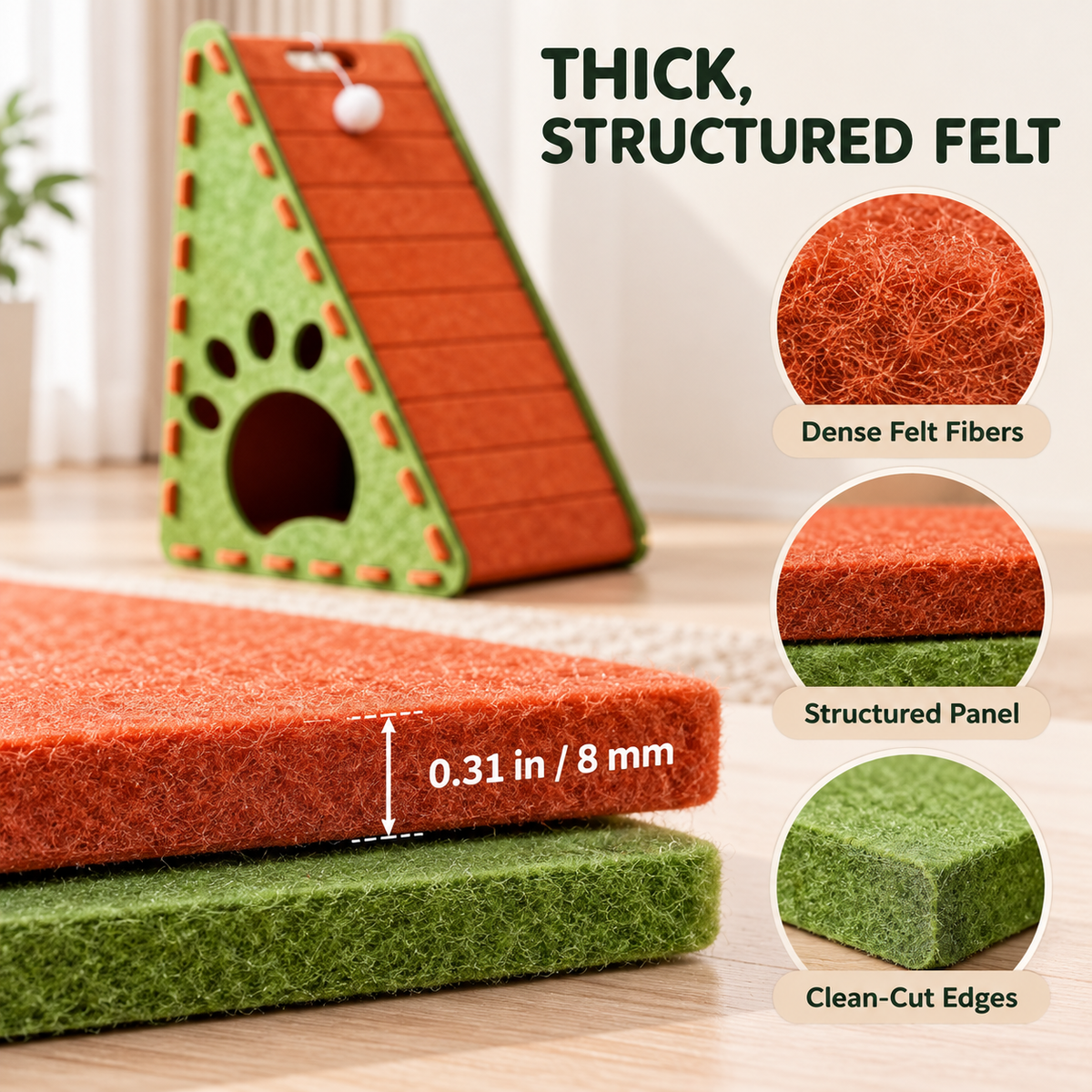 Triangular Felt Cat Activity House – 4-in-1 Scratcher, Climber, Hideaway & Play Toy Fursera